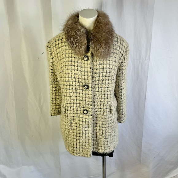 VINTAGE WOOL TWWED TRENCH COAT VINTAGE FUR VOAT CREAM BLACK  PLAID PATTERN S - Picture 3 of 10